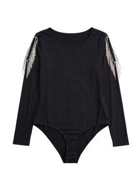 NIP | Black Slit Upper Arm Rhinestone Tassel Bodysuit XL